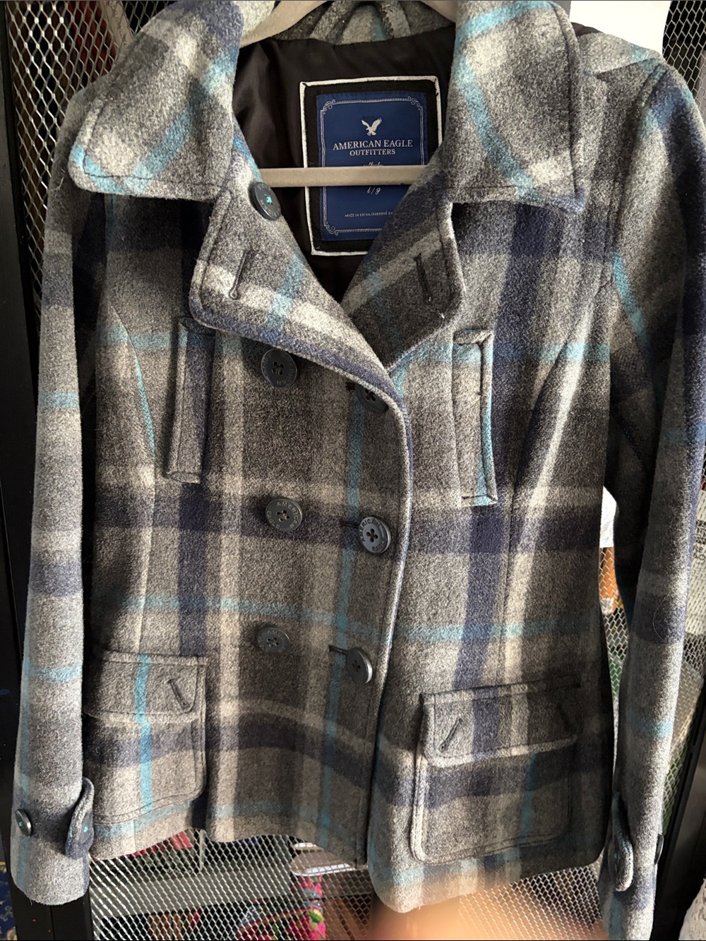 American Eagle Outfitters Gray Plaid Peacoat with Blue Trim